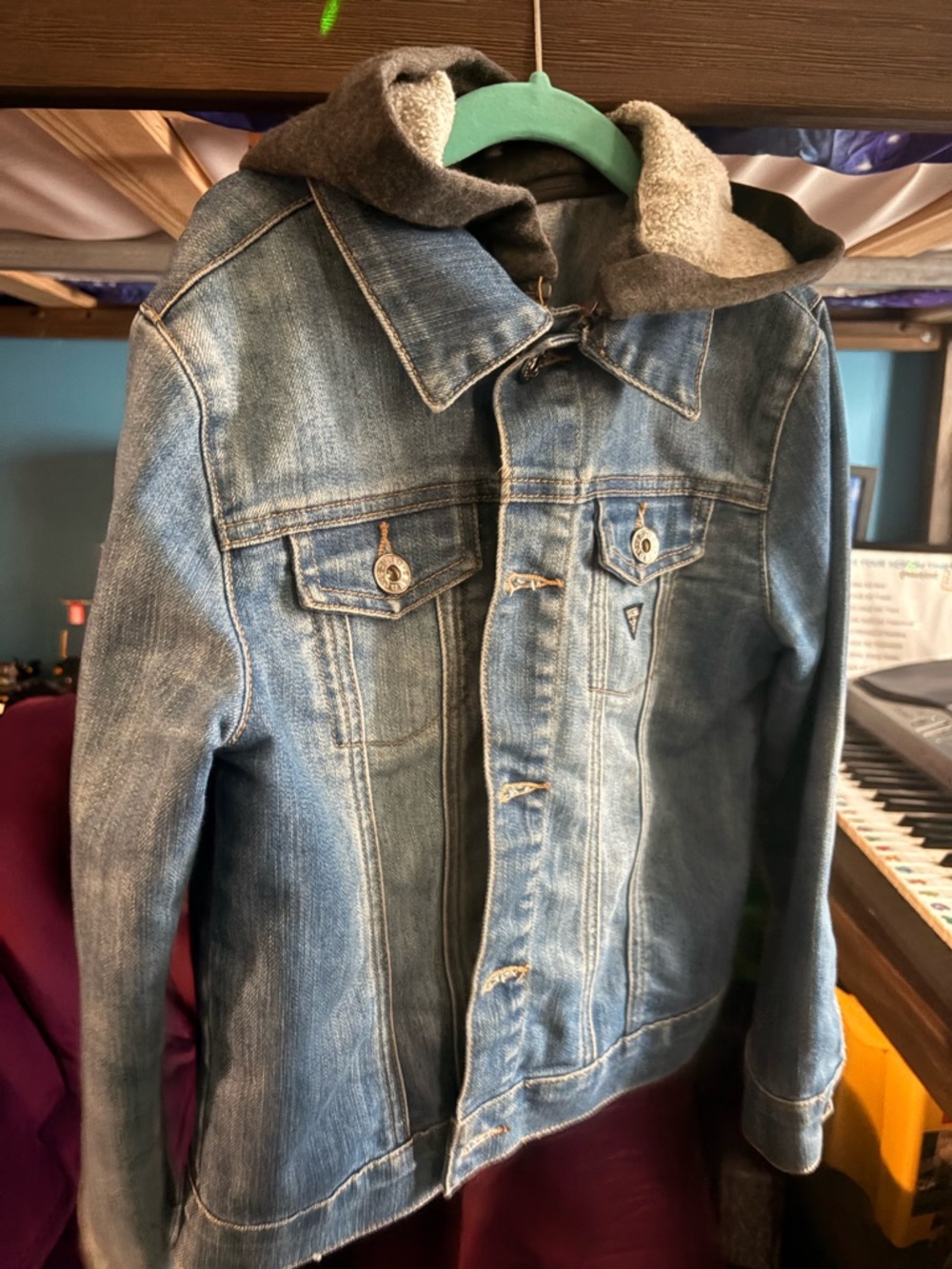 Kid’s Guess Blue Denim Jacket with Gray Removable Hood, Size 8